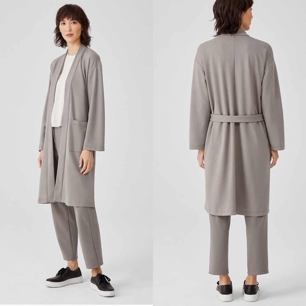 $328 NWT Eileen Fisher Large Flex Ponte Belted Long Jacket Boxy Fit Smoke Gray
